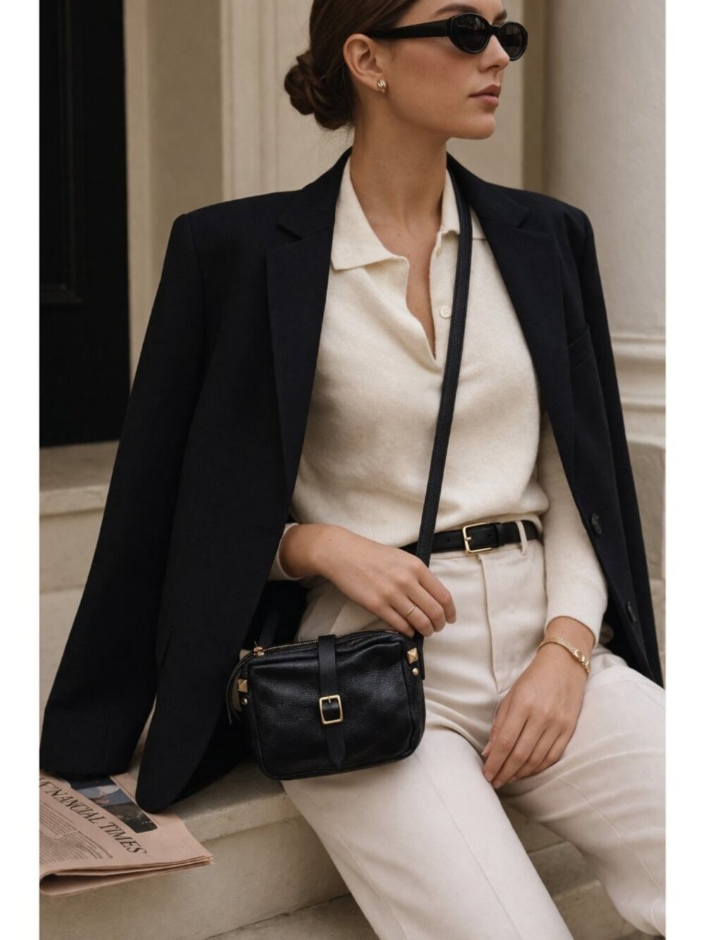 Clare V Vivier Black Leather Crossbody Bag Small Gold Buckle Minimalist Purse